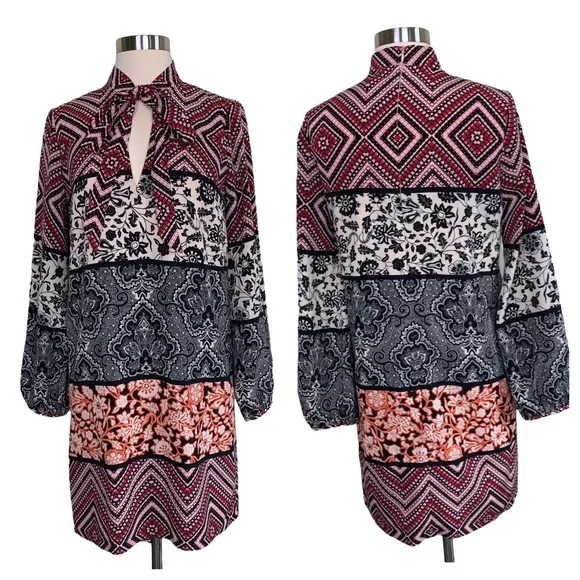 Maggy London | Dresses | Maggy London Pussy Bow Keyhole Neckline Mixed  Media Long Sleeve Shift Dress Us 4 | Poshmark